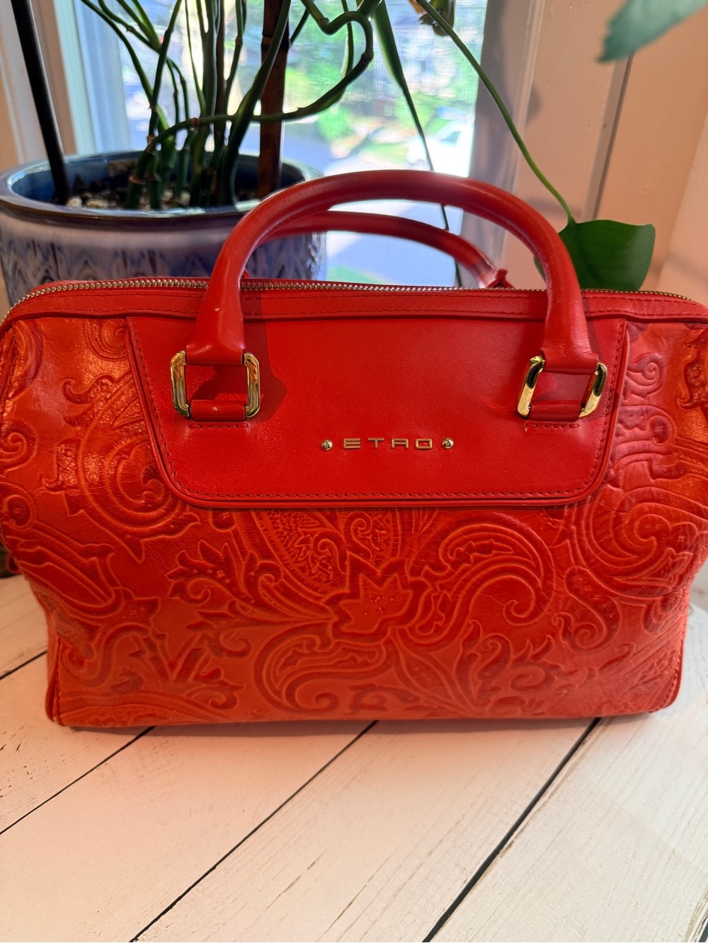 Etro Burnt Orange Paisley Embossed Leather Satchel Boston Bag - Picture 3 of 15
